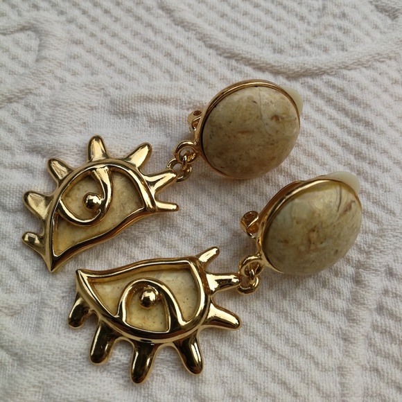 Vintage Earrings Clips Dangling Half Sun Gold - Picture 5 of 6